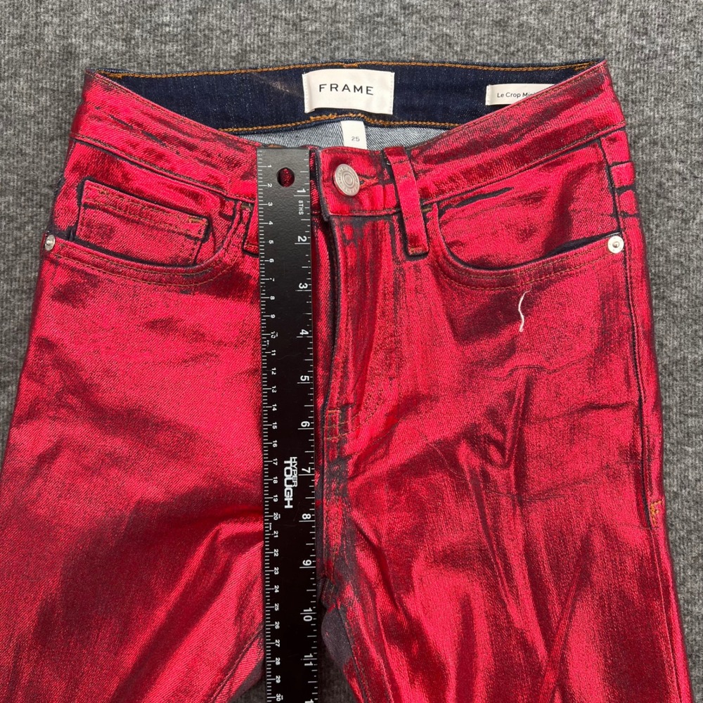 FRAME Le Crop Mini Boot Jeans Red Chrome Metallic Foil Coated Size 25 Bootleg - Picture 11 of 16
